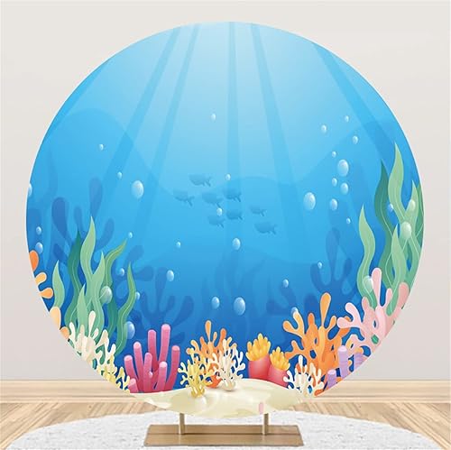 Renaiss 2m Cartone animato Mondo sommerso Rotondo Sfondo Corallo Erba di mare Pesce Sole Sotto il mare Sfondo fotografico Estate Tema Festa Decorazione Photo Booth Props Poliestere - Fashionser