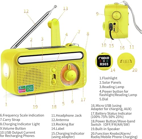 Olycism Radio Solar Dynamo Batteria 2000mAh Radio a Manovella solare di Emergenza e Power Bank USB Radio Portatile Torcia a LED e Luce Lettura Allarme SOS Impermeabile per Escursioni Campeggio Giallo - Fashionser