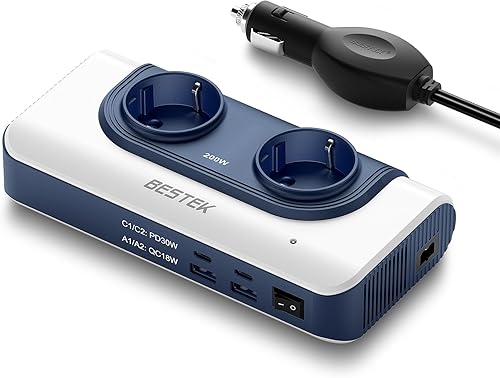 BESTEK 200W Inverter 12v 220v Auto con 2 QC 18W USB-A 2 PD 30W USB-C e 2 Prese AC,Convertitore Potenza per Camper/Auto/Barca a Onda Sinusoidale Modificata - Fashionser
