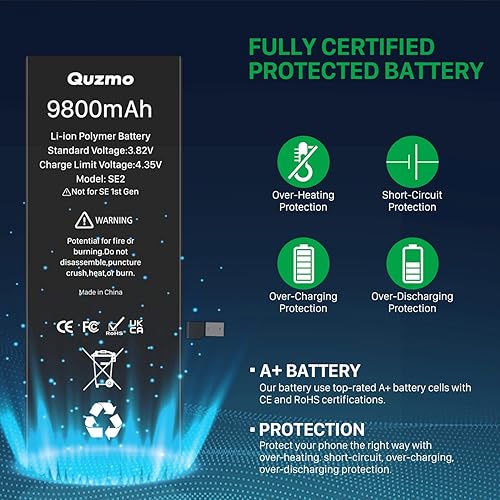 9800mAh Batteria per iPhone SE 2020, Alta Capacità Nuova Batteria di Ricambio 0 Ciclo per iPhone SE 2020 2nd Gen A2275 A2296 A2298 con Kit di Strumenti di Riparazione - Fashionser
