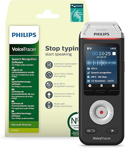 Philips Registratore audio VoiceTracer con software di riconoscimento vocale Dragon Speech Recognition per PC, usb - DVT2810 - Fashionser