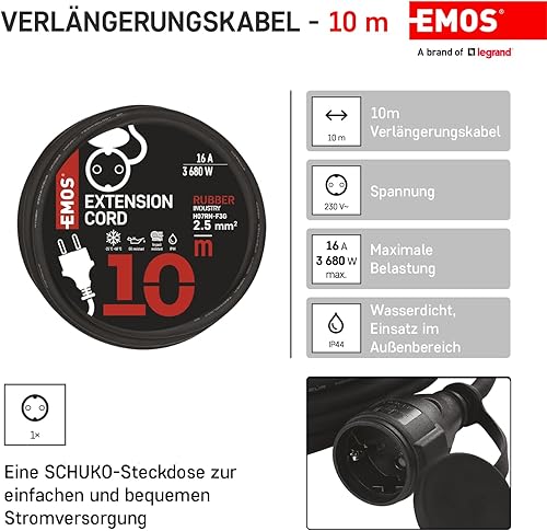 EMOS Prolunga 10 m Schuko Cavo di prolunga in gomma da esterno IP44, H07RN-F3G 2,5 mm2 - Fashionser