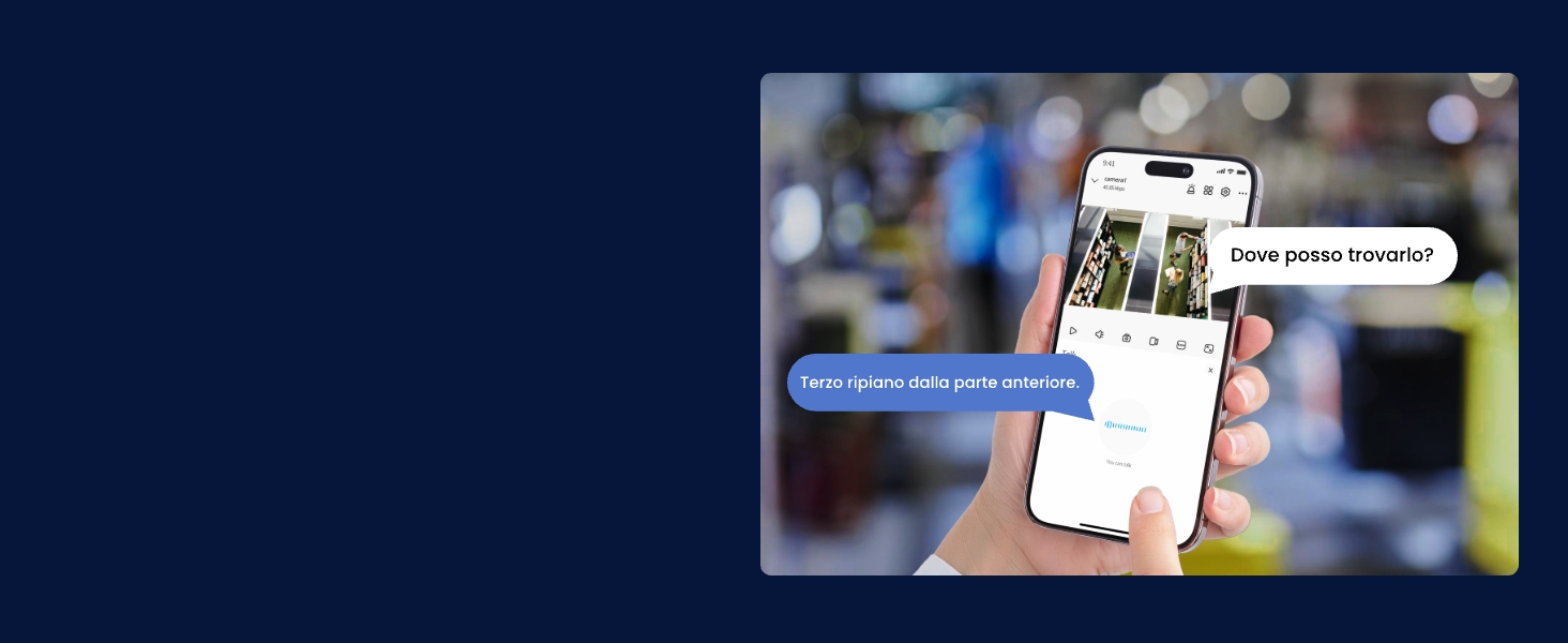 Dispositivo mobile che visualizza un'interfaccia di chat o messaggistica con bolle di conversazione su uno sfondo blu scuro.