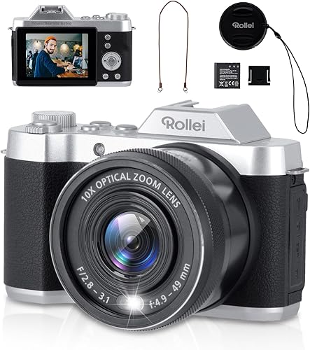 Rollei Powerflex 10x Retro Fotocamera Digitale, 64MP 4K Macchina Fotografica Digitale Zoom 10X con 2,88“ LCD e 8 Modalità Ricaricabile Digital Camera Vintage con Batteria per Adolescenti Principianti - Fashionser