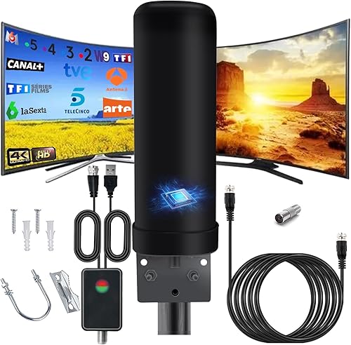 Antenna TV Esterni Interni, IP66 Antenna DVB-T DVB-T2 Ricezione Del Segnale a 360 Gradi con Amplificatore Segnale, Cavo Coassiale da 13m e Protetto Dai Fulmini per FM, VHF, UHF 1080P 4K VHF DTMB - Fashionser