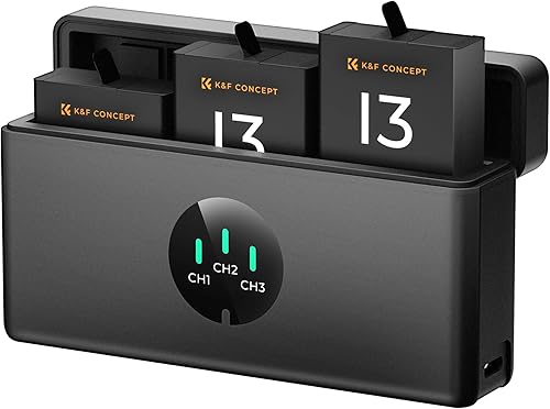 K&F Concept Confezione da 3 batterie con caricabatterie per Go Pro 13, batteria enduro da 2100 mAh e caricatore USB a 3 slot LCD compatibile con Hero 13 Action Camera - Fashionser