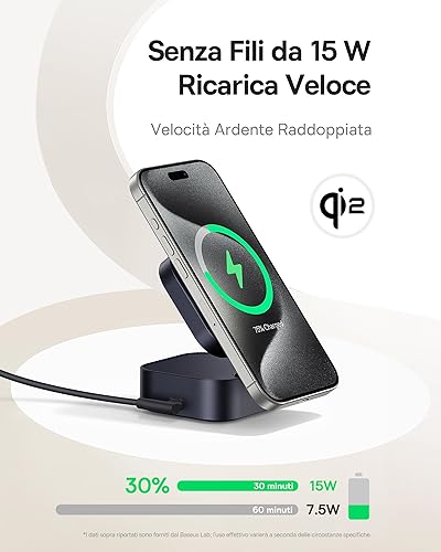 Baseus PicoGo Stazione di Ricarica 2 in 1, Certificato Qi2.0 Caricatore Magsafe da 15 W, per iPhone 16, 15, 14, 13/AirPods, Pieghevole, con Cavo USB C Retrattile da 67 W, per MacBook Pro/Air - Fashionser