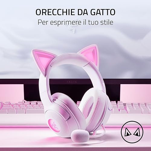 Razer Kraken Kitty V2 BT - Auricolare RGB Bluetooth senza fili con orecchie da gattino per giochi e streaming (325g, driver TriForce da 40mm, Bluetooth 5.2, microfono a cancellazione di rumore) Bianco - Fashionser