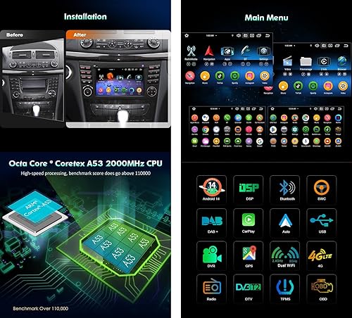 7 pollici 8-Core 4GB+64GB Android 14 Autoradio 2 Din GPS Navigatore per Mercedes W211 W219 Classe E/CLS Supporto CarPlay senza fili Android Auto Bluetooth 5.0 WiFi DSP DAB+USB OBD2 FM Canbus 4G - Fashionser