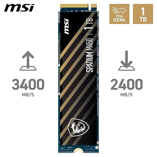 MSI SPATIUM M450 SSD 1TB - Unità a stato solido interna PCIe 4.0 NVMe M.2 V1, 3400 MB/s in lettura e 2400 MB/s in scrittura, NAND 3D, sicurezza dati integrata, centro - 5 anni di garanzia (350 TBW) - Fashionser