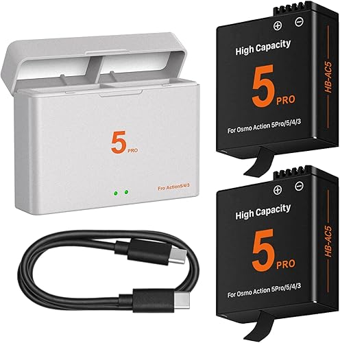 Confezione da 2 batterie di ricambio da 2800 mAh compatibili per DJI Osmo Action 5 Pro con caricabatterie USB-C a doppio slot per fotocamere OSMO Action 5 Pro, Action 4, Action 3 - Fashionser