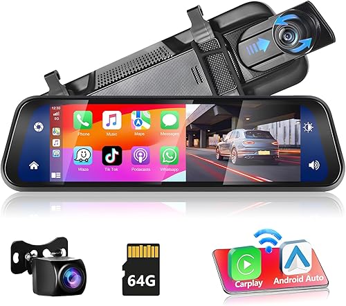 Podofo Dash Cam Specchietto 9.66' IPS Touch Screen Retrovisore Auto Specchio Dashcam con Wireless Carplay, Android Auto, Dual 1080P Specchio Retrovisore Dashcam Dash Cam Auto, 2 Schermi Divisi - Fashionser