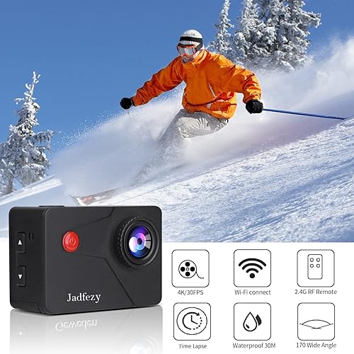 Jadfezy Action Cam 4K 30fps con WiFi e Telecomando, Sports Cam da 30 MP e 170° Grandangolare, Fotocamera subacquea da 30M dotato di 1350 mAh batterie e Accessori di montaggio (J-7000S) - Fashionser