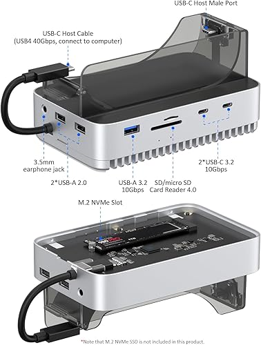 Gewokliy Mac mini M4 2024 Dock Stand, 40Gbps USB4 M.2 NVMe SSD Enclosure, compatibile con Thunderbolt 4/5, 10Gbps USB Docking Station con lettore di schede SD4.0 - Fashionser
