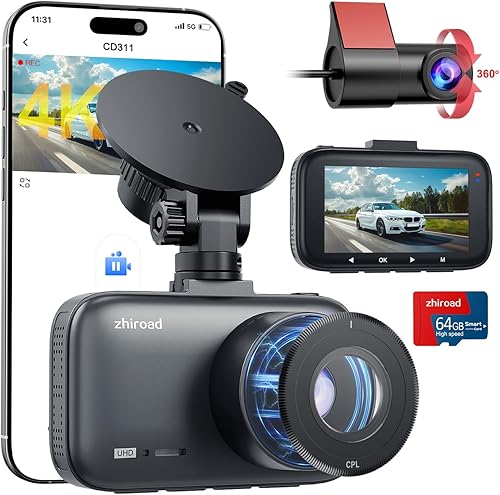 Dash Cam Auto Doppia 4K+1080P con Filtro CPL,Dashcam Schermo da 3 pollici,G-Sensor,Visione Notturna,WDR,Monitoraggio Parcheggio 24H,Telecamera Auto Wi-Fi,APP Control,64G SD, Registrazione in Loop - Fashionser