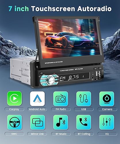Podofo 7'Autoradio Bluetooth Con Schermo Manuale a Scomparsa Carplay Wireless Android Auto,FM Radio con 2 USB/Type-C/AUX/SD/Controllo Al Volante+12LED Retrocamera/7 Luci Colorate - Fashionser