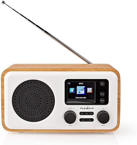 Nedis Radio Internet | Design da tavolo | Bluetooth® / Wi-FI | Dab+ / FM/Internet | 2,4' | Schermo a colori | 7 W | Telecomandato | App controllata | Sveglia | Bianco/Legno - Fashionser