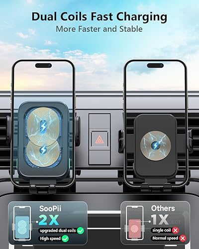SooPii Caricabatteria da auto wireless a doppia bobina, supporto da auto per ricarica wireless con allineamento rapido e intelligente da 15 W per lPhone15 Galaxy Z Fold4/Flip4/S23 - Fashionser