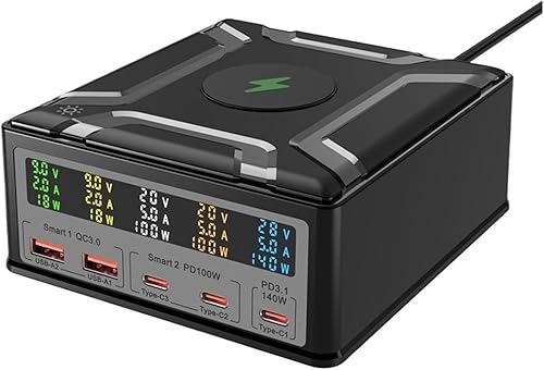 TIEOAXFT Stazione di Ricarica USB C da 260 W, Caricabatterie rapido 6 in 1 con PD3.1 USB-C 140 W PPS 100 W 45 W, Porta QC3.0 e Pad di Ricarica Wireless(E-U-Plug) - Fashionser