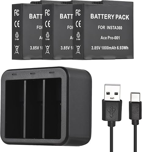 Andoer KIT BATTERIA E CARICATORE COMPATIBILE CON FOTOCAMERE Insta360 Ace/Ace Pro, COMPRENDE Caricabatteria con TRE slot + 3 batterie da 1800mAh + 3 scatole di immagazzinaggio per batterie con slot per - Fashionser