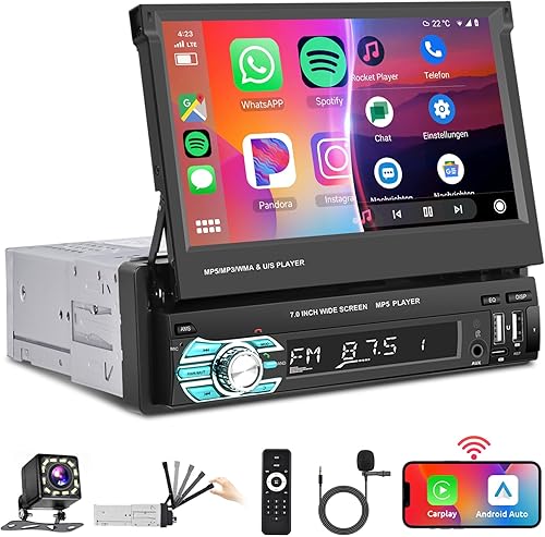 Podofo 7'Autoradio Bluetooth Con Schermo Manuale a Scomparsa Carplay Wireless Android Auto,FM Radio con 2 USB/Type-C/AUX/SD/Controllo Al Volante+12LED Retrocamera/7 Luci Colorate - Fashionser