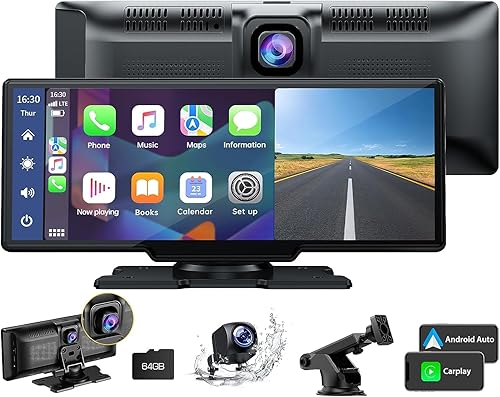 Senza Fili Autoradio,Wireless A-pple Carplay & Android Auto con Dash Cam Anteriore 2K,Telecamera di Backup 1080P, Portatile 9,26 Pollici Stereo Auto con Siri/Bluetooth/GPS/FM/AUX/Airplay/Scheda SD 64G - Fashionser