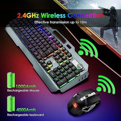 Hoopond Set tastiera e mouse da gioco ricaricabili wireless 2.4G, 4800mAh, 16 tipi di tastiera da gioco retroilluminata a LED RGB con manopola Contorl + 2400 DPI 7 colori Mouse con luce respirabile - Fashionser