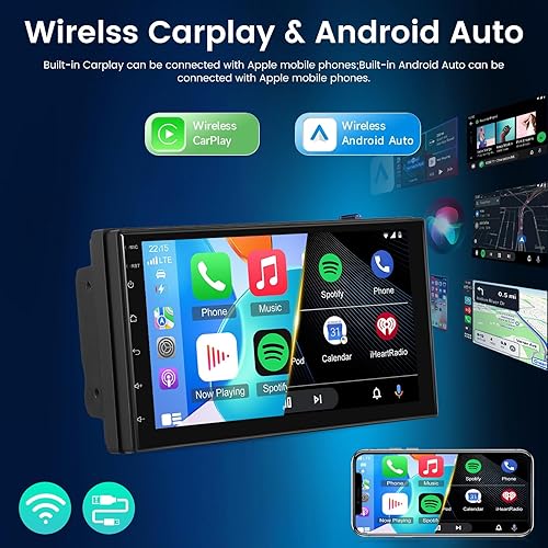 NHOPEEW Autoradio 2 DIN 4+64G con sistema Android 15 - Radio da 7 pollici con CarPlay e Android Auto wireless, supporto WiFi, GPS, Mirror Link, comandi al volante + telecamera posteriore - Fashionser