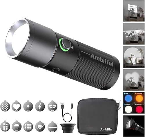AMBITFUL Torcia portatile a LED per fotografia, 4 colori, con 20 gobos, 8400 mAh, in lega di alluminio, ricaricabile, video e creazione di contenuti - Fashionser