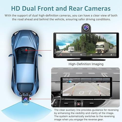 Carpuride W903 Wireless Carplay & Radio Android Auto con Telecamera da Cruscotto 4K, Telecamera di Retromarcia, Touch Screen Portatile IPS da 9,3', Ricevitore Radio con Specchio, Bluetooth, Navigazion - Fashionser