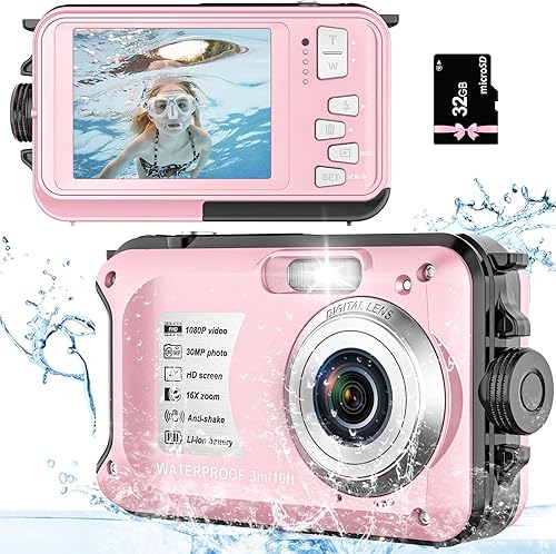Fotocamera subacquea 10FT 1080P Full HD 30MP Macchina Fotografica Subacquea Zoom Digitale 16X Fotocamera Subacquea per lo snorkeling (rose) - Fashionser