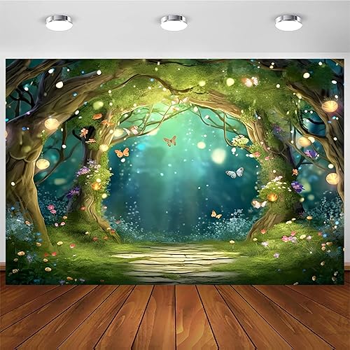 Hnmdmyi 3x2m Sfondo foresta incantata Fantastico paese delle meraviglie bosco farfalla fiori albero sfondo fotografico principessa festa di compleanno neonato baby shower decorazioni - Fashionser