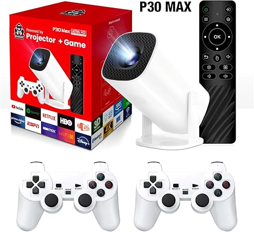 Proiettore console, P30 MAX 2 in 1 - Console retrò portatile con proiettore, proiettore di giochi retrò 4K HD, console retro, console portatile 36.000 giochi, HDMI, WiFi, APPS, 2 controller wireless - Fashionser