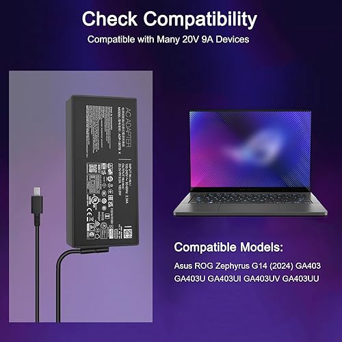 180W 20V 9A Caricatore Alimentatore per Asus ROG Zephyrus G14 2024 GA403 GA403U GA403UI GA403UV GA403UU Caricatore ADP-180TB K Asus 180W Adattatore - Fashionser