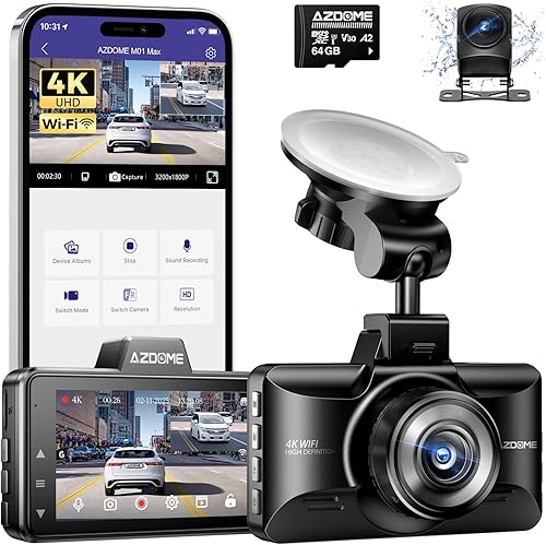 AZDOME Dashcam Auto Anteriore Posteriore 4K + 1080P, 4K WiFi Dash Cam con scheda SD da 64 GB, Dual Auto Camera con Super Visione Notturna, WDR, ADAS, Registrazione Loop, Sensore G, Monitoraggio - Fashionser