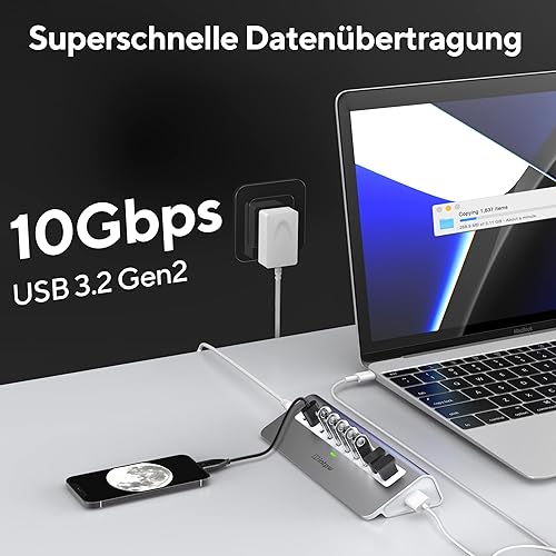 Hub USB Alimentato, Hub USB 3.1 a 10porte con Trasmissione Dati a 10Gbps, Alimentatore da 30W (12 V/2,5 A), Cavo USB Tipo A e Tipo C, USB Hub 3.2 in Alluminio per Laptop, MacBook e Computer Desktop - Fashionser