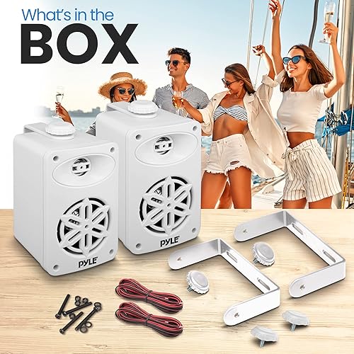 Pyle Indoor Outdoor Speakers Pair - 200 Watt Dual Waterproof 3.5” 2-Way Full Range Speaker System w/ 1/2” High Compliance Polymer Tweeter - In-Home, Boat, Marine, Deck, Patio, Poolside (White) - Fashionser