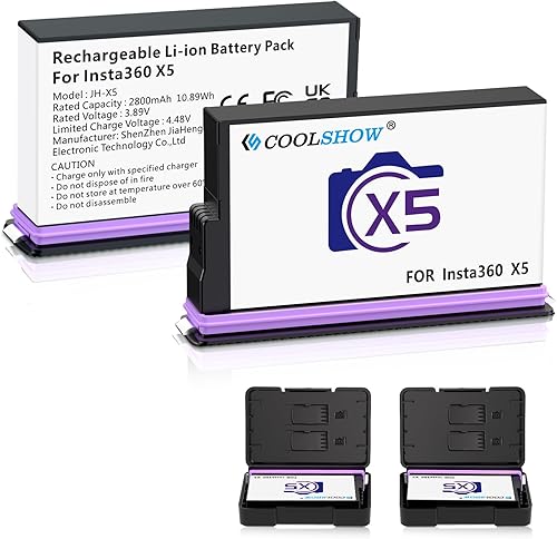 COOLSHOW 360 X5 Batteria 2800 mAh 2 pezzi con custodia protettiva compatibile con fotocamera Insta360 X5 (2 batterie) - Fashionser