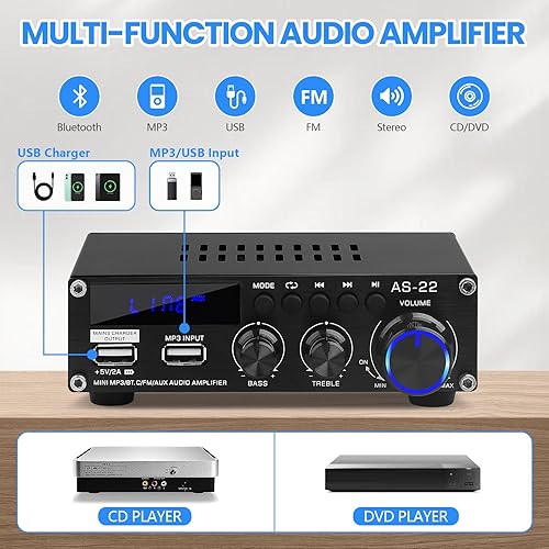 Amplificatore HiFi Bluetooth AS-22 Mini Amplificatore Audio Stereo 2.0 Canali 40W x 2 Classe D Ricevitore Amplificatore di Potenza Digitale con Ingresso BT AUX USB, DC 12V/5A - Fashionser