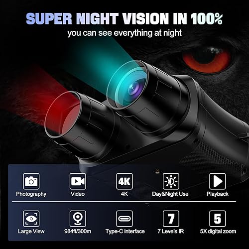 Coolifepro Visione Notturna, 4K 42MP con Batteria Ricaricabile da 5000mAh Binocolo Visione Notturna 3' TFT LCD 5X Digitale Zoom 7-Livelli Infrarossi Vista 300M al 100% Buio Binocolo Con Scheda 32GB - Fashionser