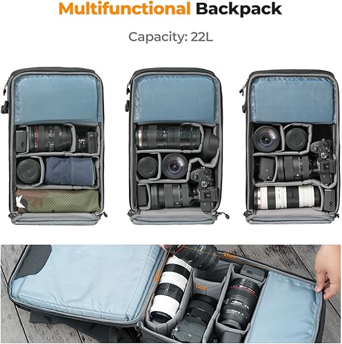 K&F Concept Zaino per fotocamera, 22 litri Borse per fotocamera di grande capacità con copertura antipioggia Scomparto per laptop da 15,6' per Macchina fotografica Obiettivo Droni - Fashionser