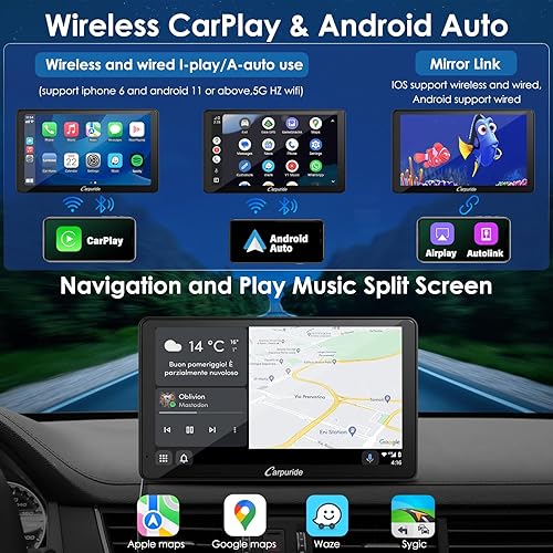 CARPURIDE Senza Fili Autoradio, Portatile Lettore Video per Auto con Cruscotto Wireless Carplay & Android [7 pollici] con FM/GPS Navigazione/Vivavoce Bluetooth 5.0/ Mirrorlink/Siri, con Fotocamera - Fashionser