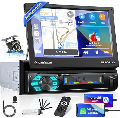 Hikity Carplay Autoradio 1 Din con Schermo a Scomparsa Automatico, 7 Pollici Touch Screen MP5 Player Autoradio a scomparsa con Bluetooth Vivavoce Android Auto USB FM AUX TF Telecamera Posteriore - Fashionser