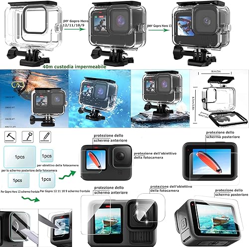 Gurmoir Kit di accessori per Gopro Hero13/Hero12/Hero11/Hero10/Hero9 Black, Custodia impermeabile Impugnatura Galleggiante Compatibile con Go Pro 13 12 11 10 9 camera(DT13) - Fashionser
