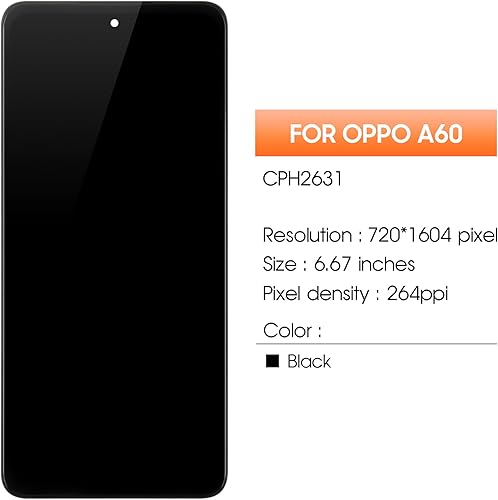 per Oppo A60 LCD Display per Oppo A60 CPH2631 LCD Schermo per Oppo A60 Touchscreen Digitizer Assembly con Telaio Kit di Riparazione (Nero, 6.67') - Fashionser