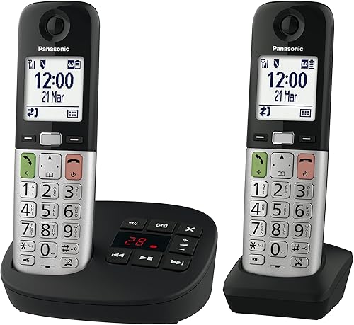 Panasonic KX-TGU432EXB Telefono senza fili digitale con segreteria telefonica, volume amplificato, unità base e 2 auricolari, display LCD, torcia elettrica, compatibile con apparecchi acustici, nero e - Fashionser