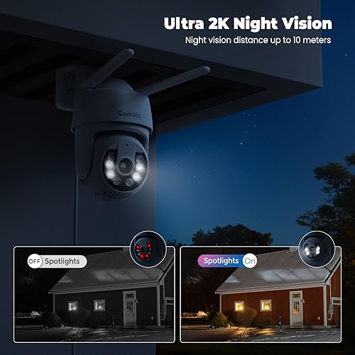 Codnida 2K Telecamera Wi-Fi Esterno/Interno Kit da 2, 360°PTZ Videocamera con 24/7 Recording, Tracciamento Automatico, PIR Rilevamento Umano, Allarme Sonoro e Luminoso, Supporto Scheda SD 128G - Fashionser