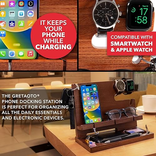 Greta Oto Docking Station Legno per Cellulare Supporto Telefono Compatibilità Universale Smartphone Svuotatasche Regali per Lui Uomo Papà Marito Natale San Valentino Anniversario (Ciliegio) - Fashionser