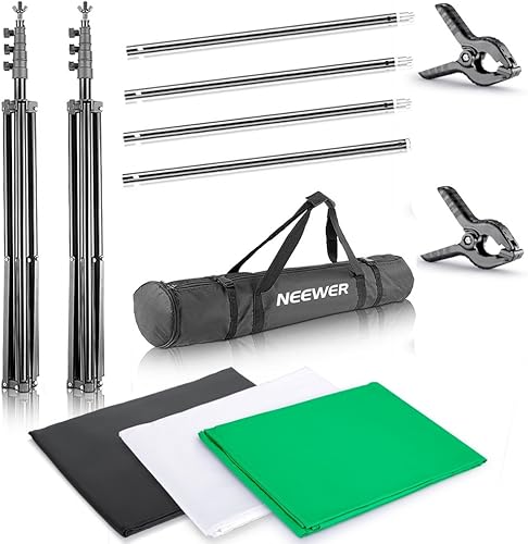 Neewer 2x3M Stand di sfondo, Sistema di Supporto per fondali in mussola 1,8x2,8 M (bianco, nero, verde), morsetti e borsa. Per la fotografia di ritratto, prodotto e riprese video. - Fashionser