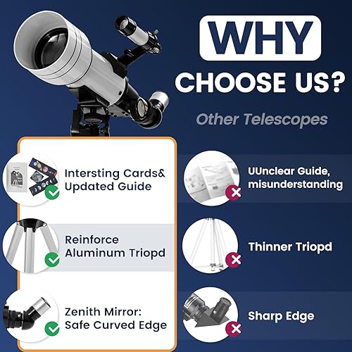 ClaeroruA Telescopio Astronomico da 70/400 mm per per Principianti adulti e Bambini, Telescopio Astronomico Rifrattore con Adattatore per Telefono e Treppiede - Fashionser